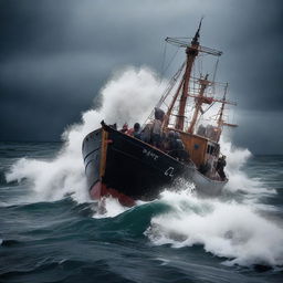 An old fisher boat filled with refugees fighting against heavy waves in the middle of a stormy ocean