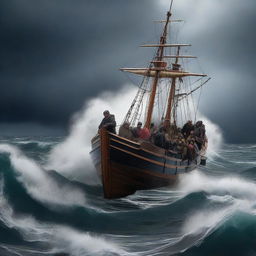 An old fisher boat filled with refugees fighting against heavy waves in the middle of a stormy ocean