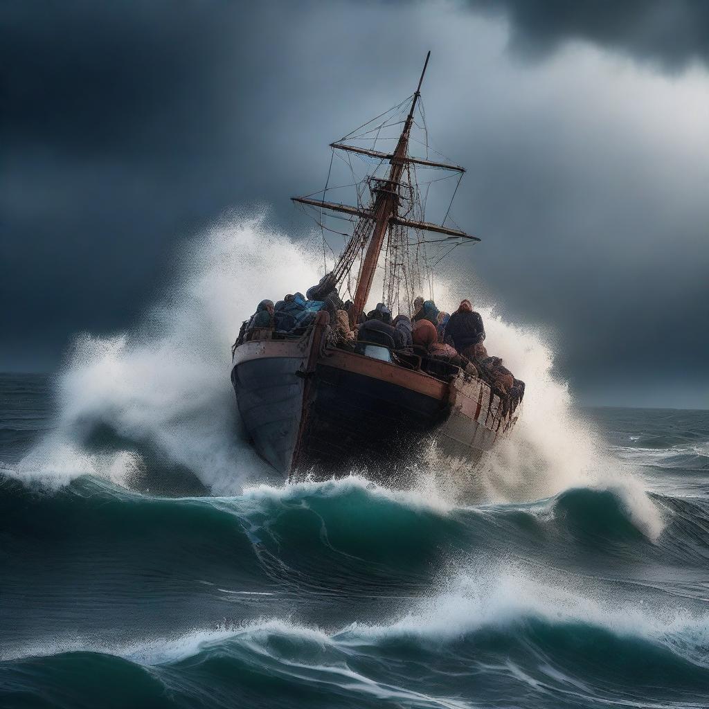 An old fisher boat filled with refugees fighting against heavy waves in the middle of a stormy ocean