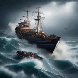 A big fishing boat crowded with refugees struggling against heavy waves in the middle of a stormy ocean