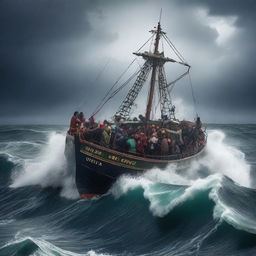 A big fishing boat crowded with refugees struggling against heavy waves in the middle of a stormy ocean