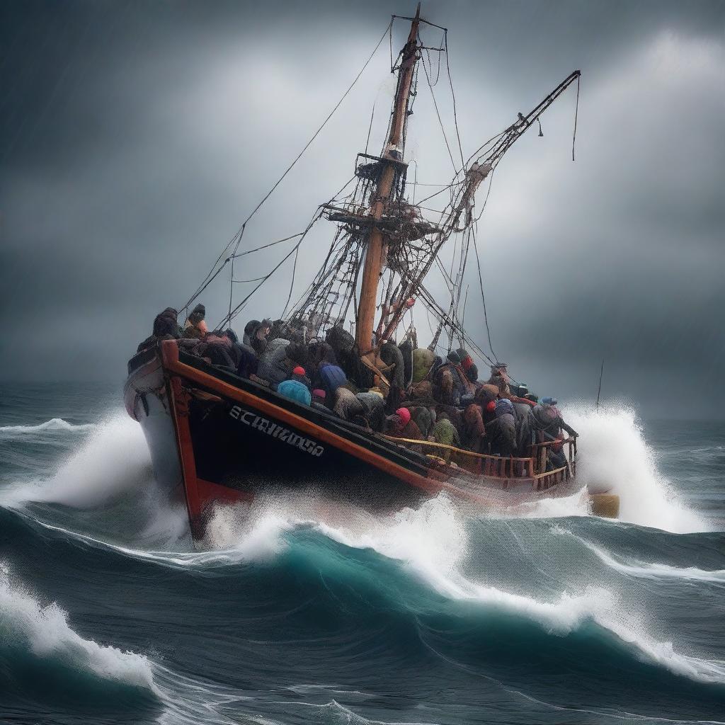 A big fishing boat overcrowded with many refugees struggling against heavy waves in the middle of a stormy ocean