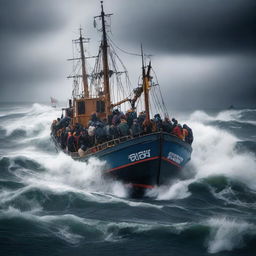 A big fishing boat overcrowded with many refugees struggling against heavy waves in the middle of a stormy ocean