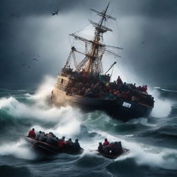 A big fishing boat overcrowded with many refugees struggling against heavy waves in the middle of a stormy ocean