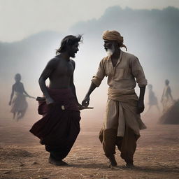 Create a dark and emotional background depicting a fight for land and fields in India