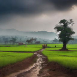 Create a dark and emotional background depicting the land and fields in India