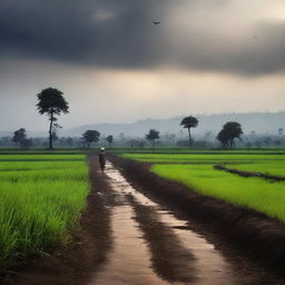 Create a dark and emotional background depicting the land and fields in India