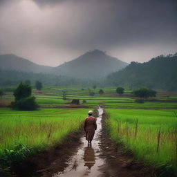 Create a dark and emotional background depicting the land and fields in India