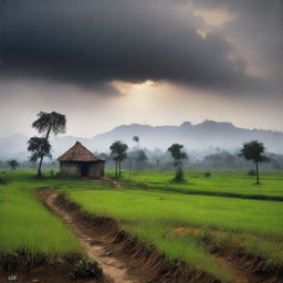 Create a dark and emotional background depicting the land and fields in India