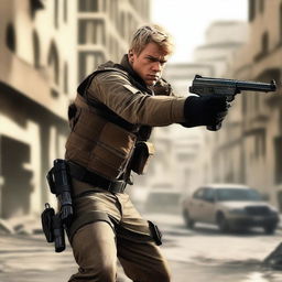 A dynamic action scene featuring a mercenary with blond short hair and a Caucasian appearance