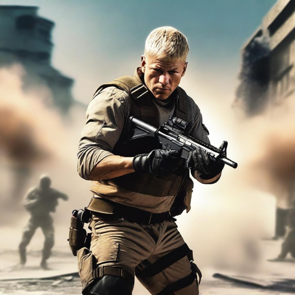 A dynamic action scene featuring a mercenary with blond short hair and a Caucasian appearance