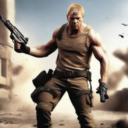 A dynamic action scene featuring a mercenary with blond short hair and a Caucasian appearance