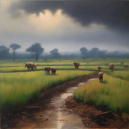 Create a dark and emotional background depicting the vast land and fields in India