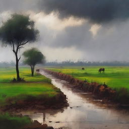 Create a dark and emotional background depicting the vast land and fields in India