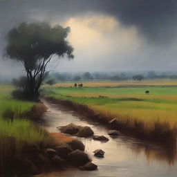 Create a dark and emotional background depicting the vast land and fields in India