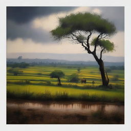 Create a dark and emotional background depicting the vast land and fields in India