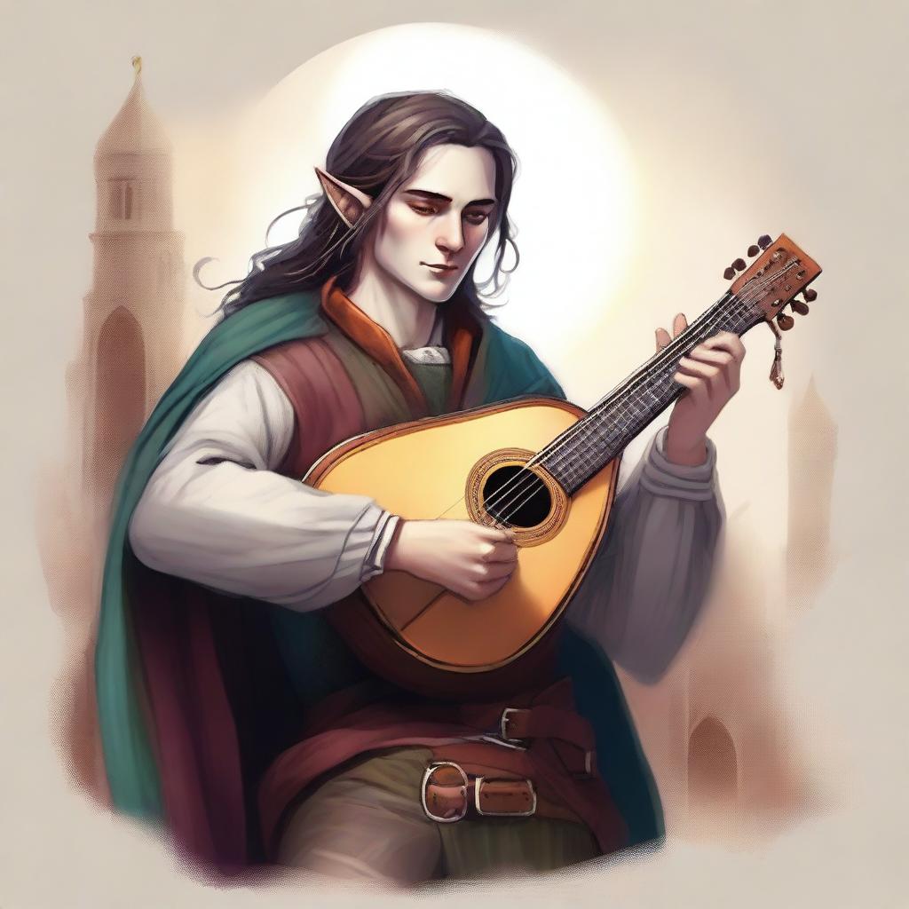 Create an image of a half-elf bard playing a lute in a medieval fantasy setting