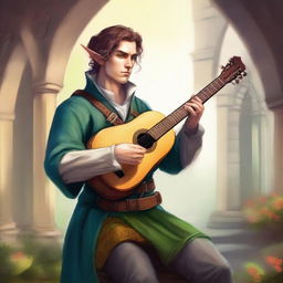 Create an image of a half-elf bard playing a lute in a medieval fantasy setting