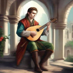 Create an image of a half-elf bard playing a lute in a medieval fantasy setting