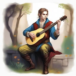 Create an image of a half-elf bard playing a lute in a medieval fantasy setting