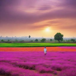 A picturesque scene of fading fields in India, showcasing a beautiful sunset with vibrant colors