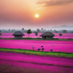 A picturesque scene of fading fields in India, showcasing a beautiful sunset with vibrant colors