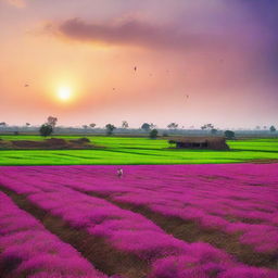 A picturesque scene of fading fields in India, showcasing a beautiful sunset with vibrant colors