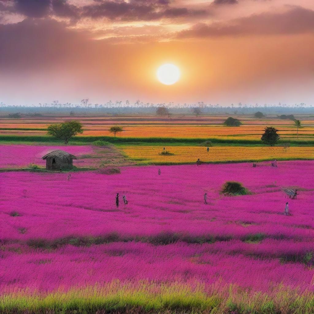 A picturesque scene of fading fields in India, showcasing a beautiful sunset with vibrant colors