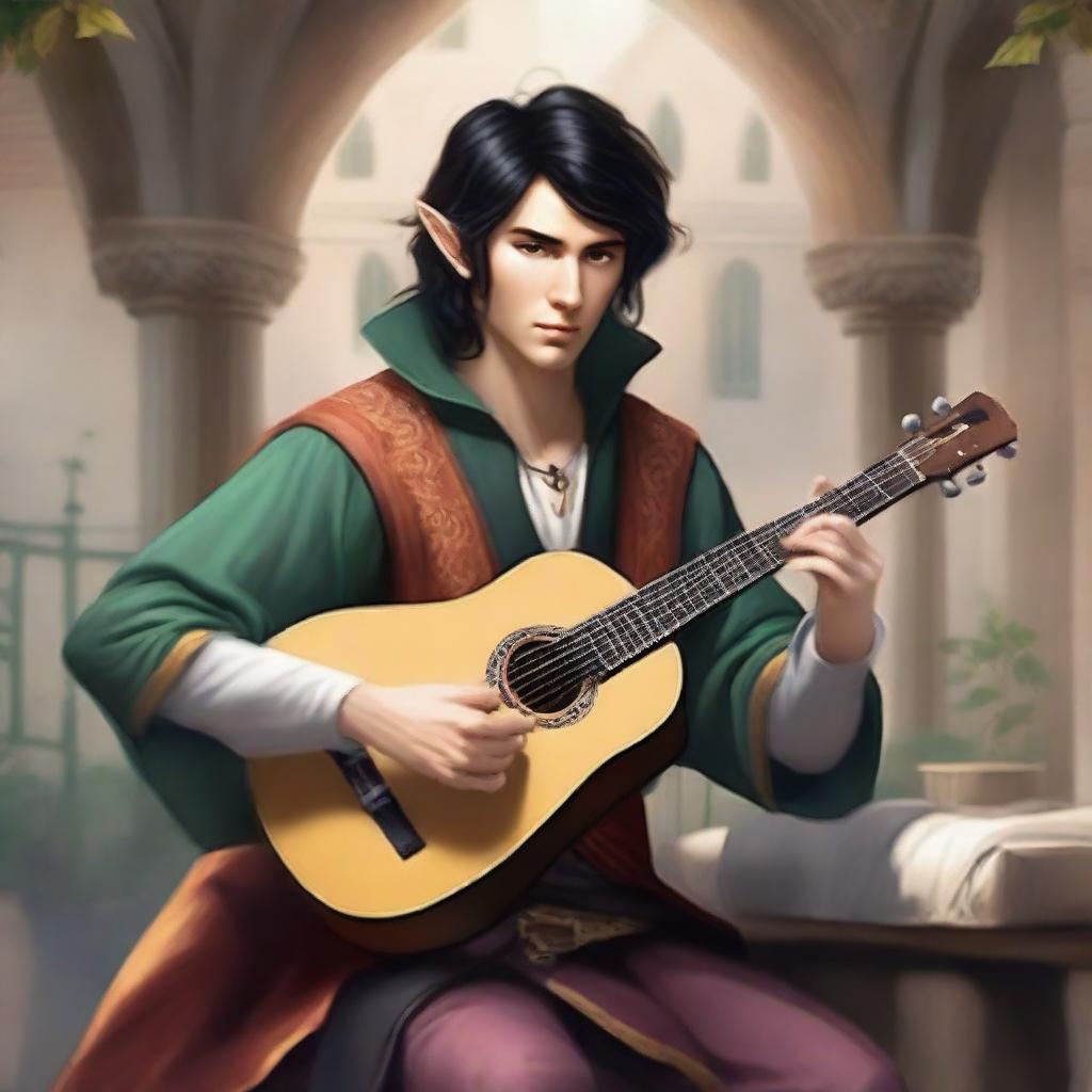 Create an image of a half-elf bard with black hair playing a lute in a medieval fantasy setting