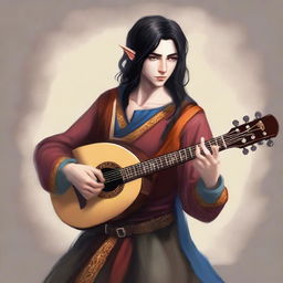 Create an image of a half-elf bard with black hair playing a lute in a medieval fantasy setting