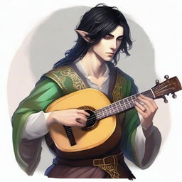 Create an image of a half-elf bard with black hair playing a lute in a medieval fantasy setting