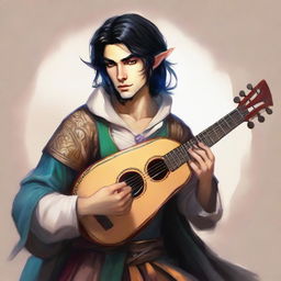 Create an image of a half-elf bard with black hair playing a lute in a medieval fantasy setting