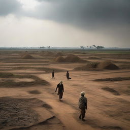 A dramatic scene of fading fields in India, depicting dark, unfruitful land