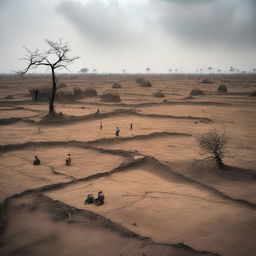 A dramatic scene of fading fields in India, depicting dark, unfruitful land