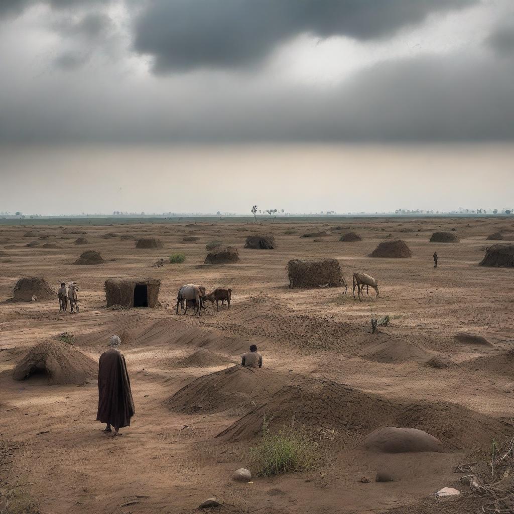 A dramatic scene of fading fields in India, depicting dark, unfruitful land