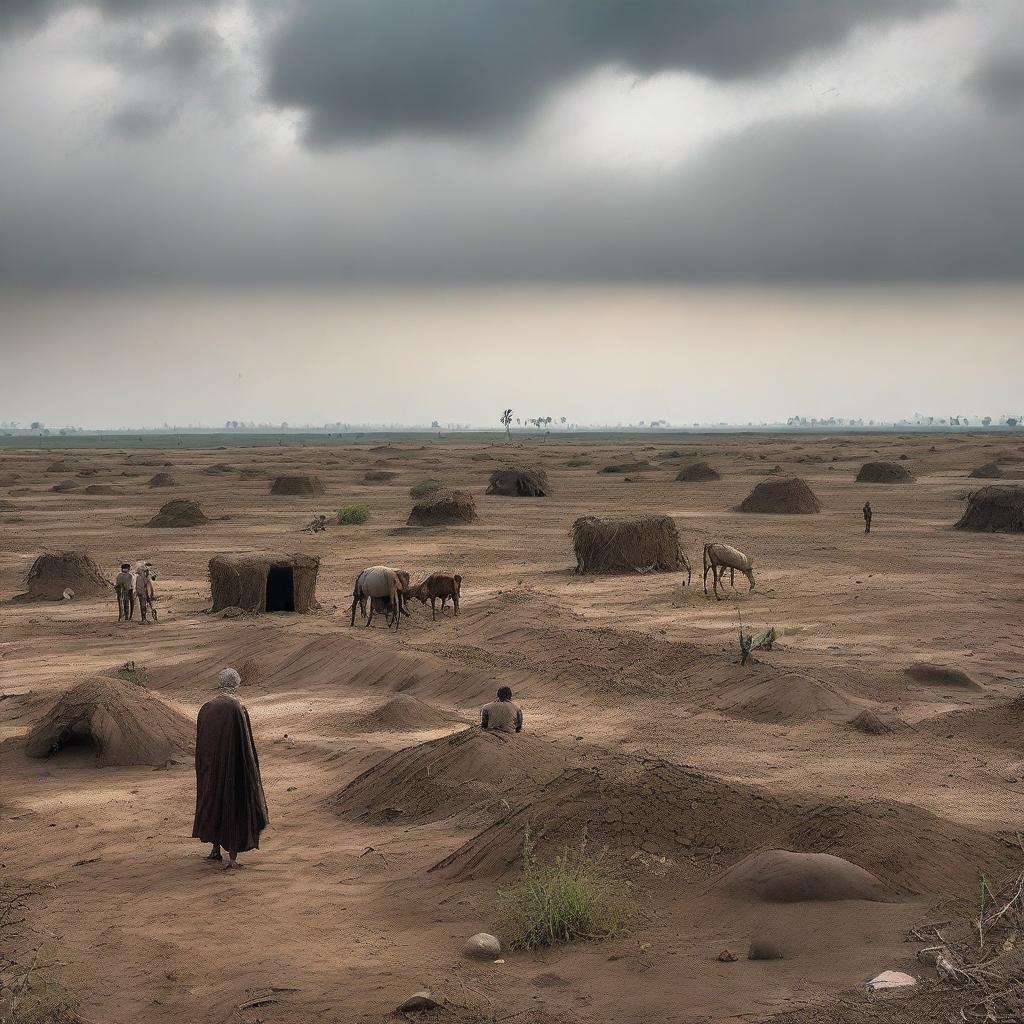 A dramatic scene of fading fields in India, depicting dark, unfruitful land