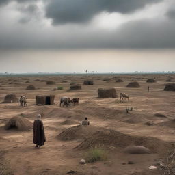 A dramatic scene of fading fields in India, depicting dark, unfruitful land
