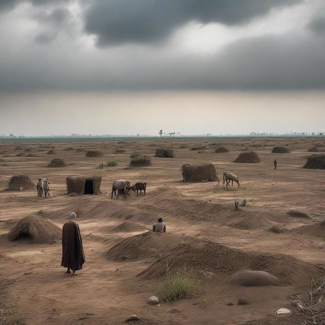 A dramatic scene of fading fields in India, depicting dark, unfruitful land