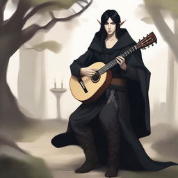 Create an image of a half-elf bard with black hair and black robes playing a lute in a medieval fantasy setting