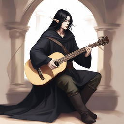 Create an image of a half-elf bard with black hair and black robes playing a lute in a medieval fantasy setting