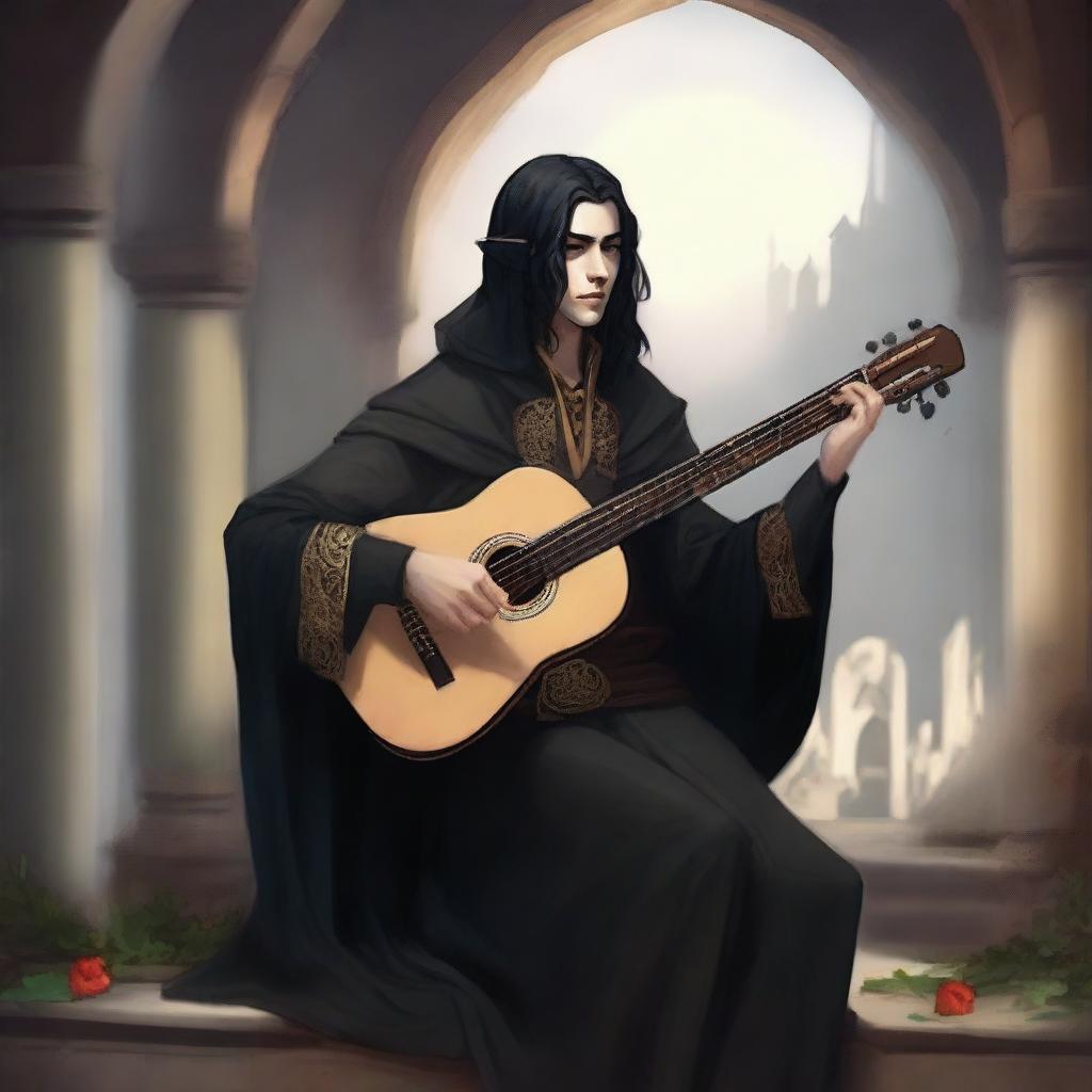 Create an image of a half-elf bard with black hair and black robes playing a lute in a medieval fantasy setting