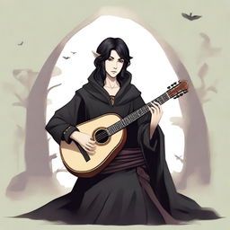 Create an image of a half-elf bard with black hair and black robes playing a lute in a medieval fantasy setting