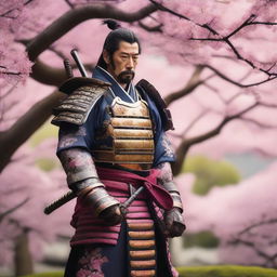 A detailed image of a traditional samurai warrior dressed in ornate armor, holding a katana, standing in a tranquil Japanese garden with cherry blossom trees in full bloom