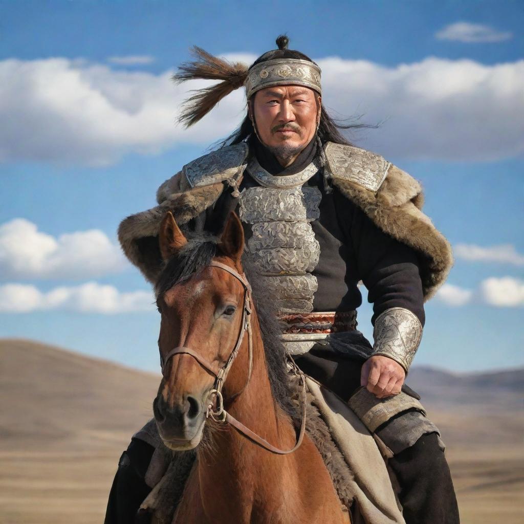 An authoritative, grand portrayal of Genghis Khan, the legendary Mongol leader, dressed in traditional Mongol warrior attire, standing tall against a backdrop of vast, windswept steppes.