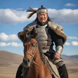 An authoritative, grand portrayal of Genghis Khan, the legendary Mongol leader, dressed in traditional Mongol warrior attire, standing tall against a backdrop of vast, windswept steppes.