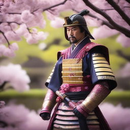 A detailed image of a traditional samurai warrior dressed in ornate armor, holding a katana, standing in a tranquil Japanese garden with cherry blossom trees in full bloom