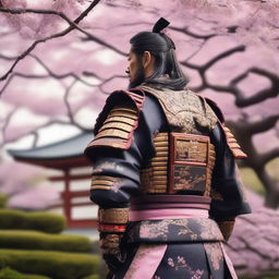 A detailed image of a traditional samurai warrior dressed in ornate armor, holding a katana, standing in a tranquil Japanese garden with cherry blossom trees in full bloom