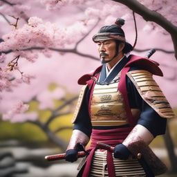 A detailed image of a traditional samurai warrior dressed in ornate armor, holding a katana, standing in a tranquil Japanese garden with cherry blossom trees in full bloom