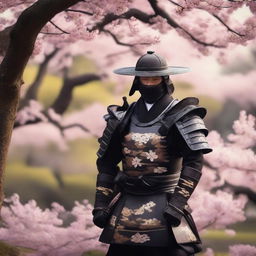 A detailed image of a traditional samurai warrior dressed in black ornate armor, holding a katana, standing in a tranquil Japanese garden with cherry blossom trees in full bloom