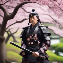 A detailed image of a traditional samurai warrior dressed in black ornate armor, holding a katana, standing in a tranquil Japanese garden with cherry blossom trees in full bloom